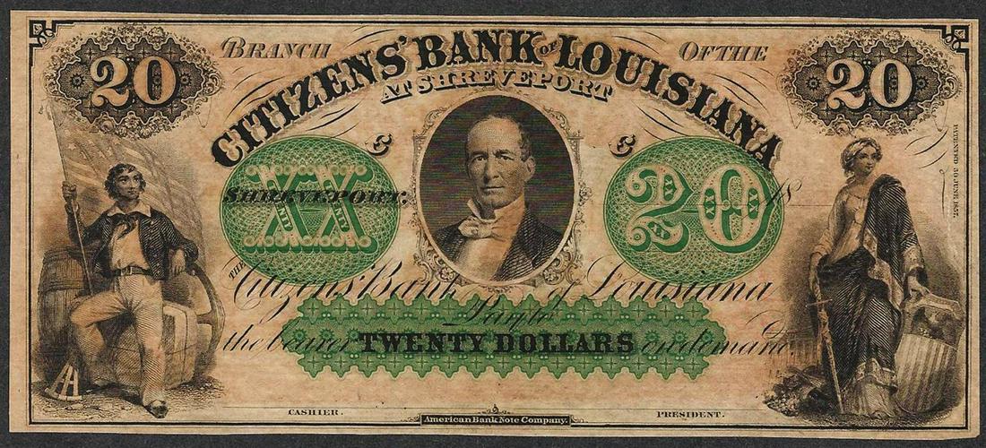 1800's $20 Citizens Bank of Louisiana Shreveport: One 1800's $20 Citizens Bank of Louisiana Shreveport Obsolete Note, note that there is a tear in right side margin.