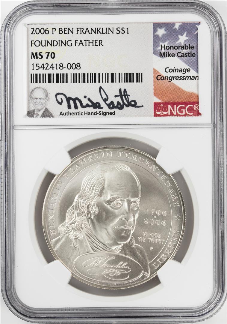 2006-P $1 Ben Franklin Founding Father Silver Dollar: One 2006-P $1 Ben Franklin Founding Father Silver Dollar Coin NGC MS70 Mike Castle Signature. NGC Certified.