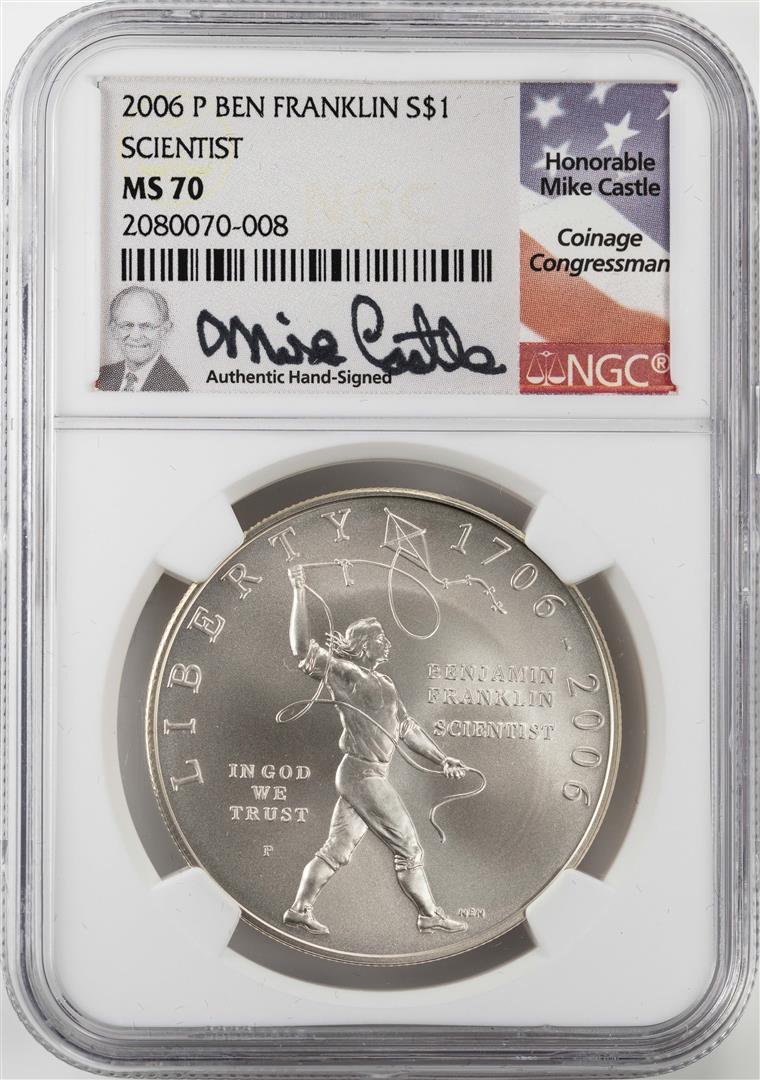 2006-P $1 Ben Franklin Scientist Silver Dollar Coin NGC: One 2006-P $1 Ben Franklin Scientist Silver Dollar Coin NGC MS70 Mike Castle Signature. NGC Certified.