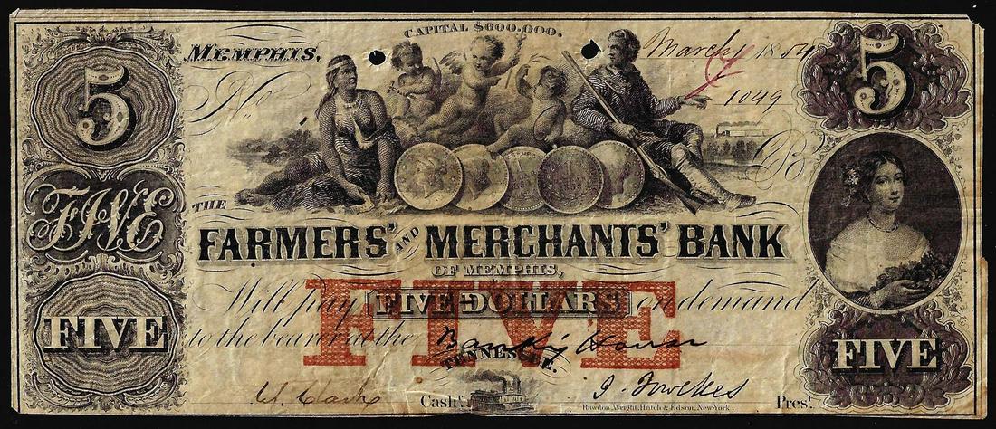1854 $5 Farmers and Merchants Bank of Memphis, TN: One 1854 $5 Farmers and Merchants Bank of Memphis, TN Obsolete Banknote.