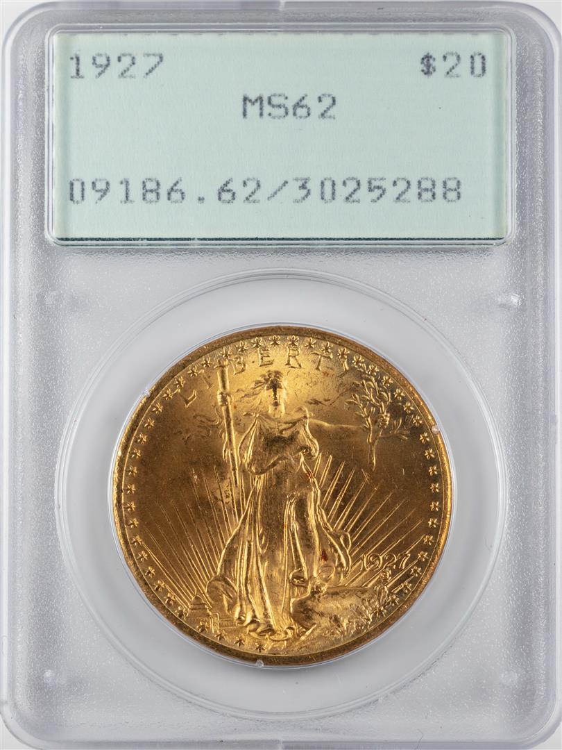 1927 $20 St. Gaudens Double Eagle Gold Coin PCGS MS62: One 1927 $20 St. Gaudens Double Eagle Gold Coin PCGS MS62 Green Rattler Holder. PCGS Graded.