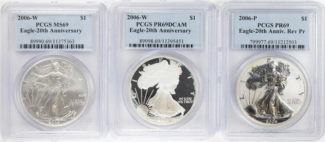 2006 20th Anniversary (3) Coin Set $1 American Silver: One 2006 20th Anniversary (3) Coin Set $1 American Silver Eagle Coins PCGS MS69/PR69. PCGS Graded.