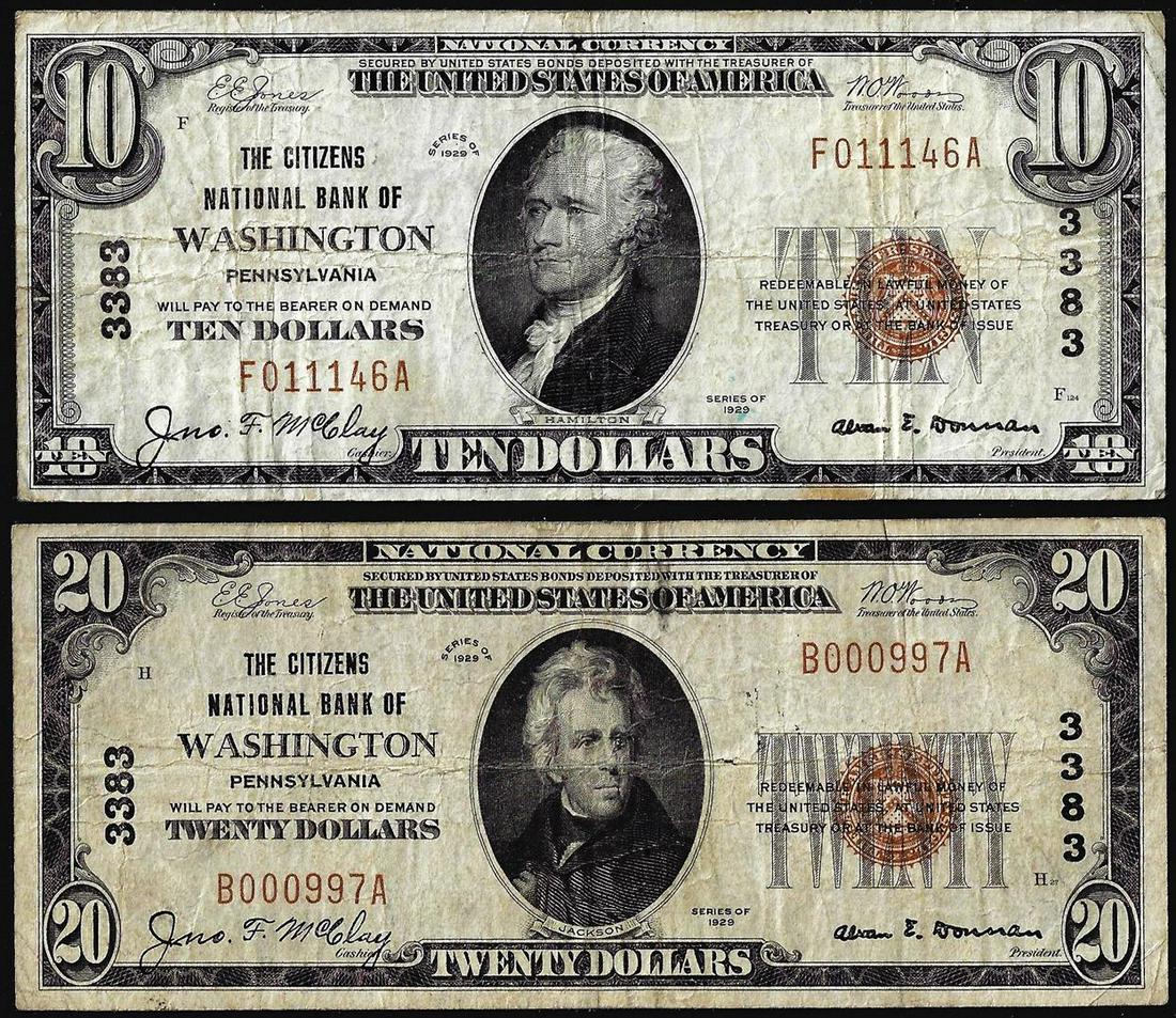 Lot of 1929 $10/20 Citizens NB Washington, PA CH# 3383: One Lot of 1929 $10/20 Citizens NB Washington, PA CH# 3383 National Currency Notes.