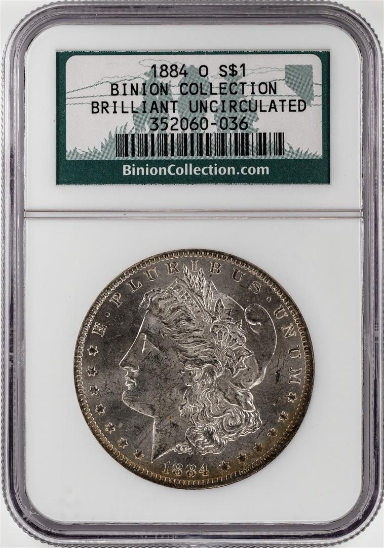 1884-O $1 Morgan Silver Dollar Coin NGC Brilliant: One 1884-O $1 Morgan Silver Dollar Coin NGC Brilliant Uncirculated Binion Hoard. NGC Certified.