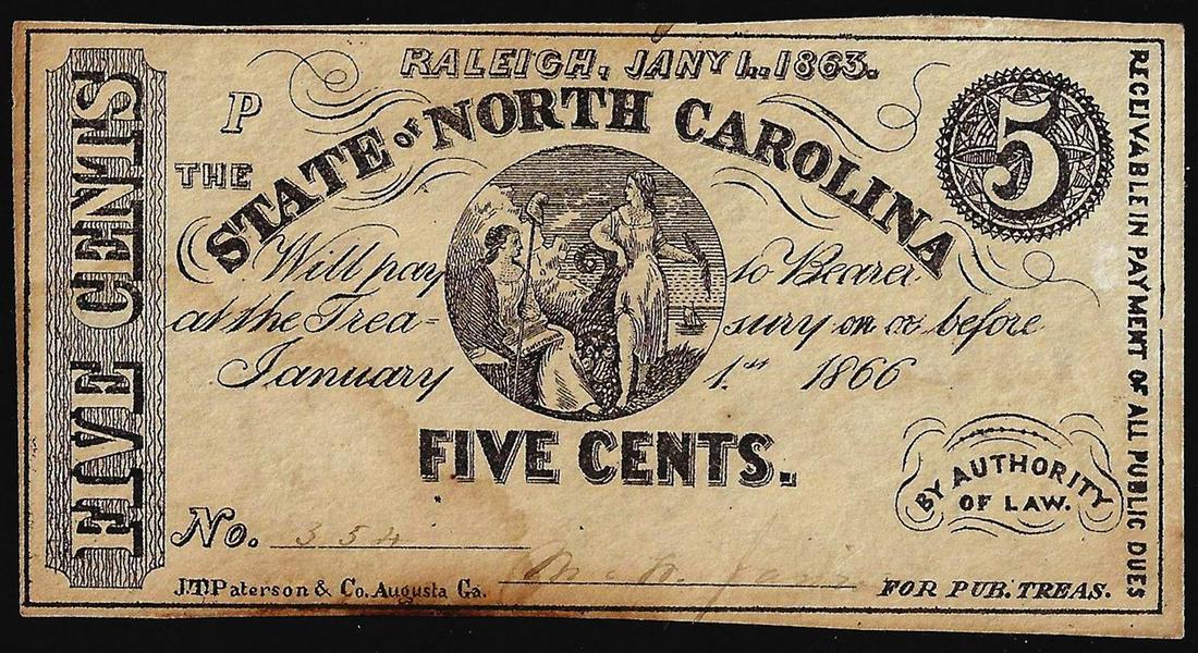 1863 Five Cents State of North Carolina Raleigh, NC: One 1863 Five Cents State of North Carolina Raleigh, NC Obsolete Banknote.