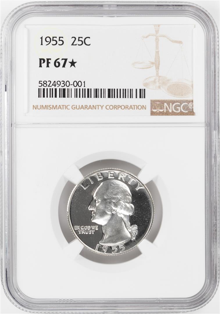 1955 Proof Washington Quarter Coin NGC PF67 Star: One 1955 Proof Washington Quarter Coin NGC PF67 Star. NGC Certified.