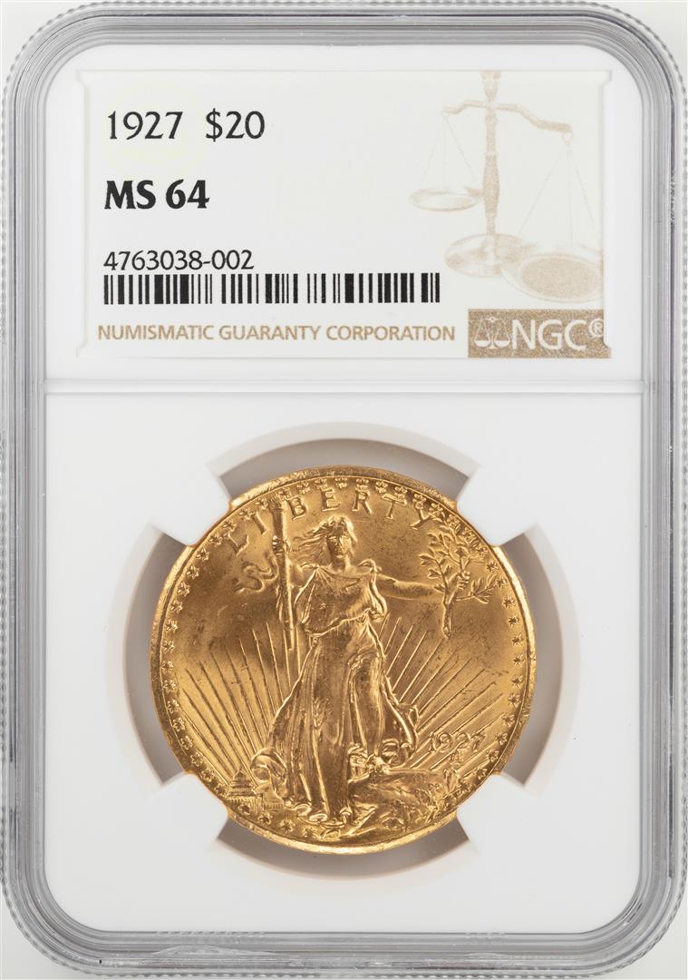 1927 $20 St. Gaudens Double Eagle Gold Coin NGC MS64: One 1927 $20 St. Gaudens Double Eagle Gold Coin NGC MS64. NGC Certified.