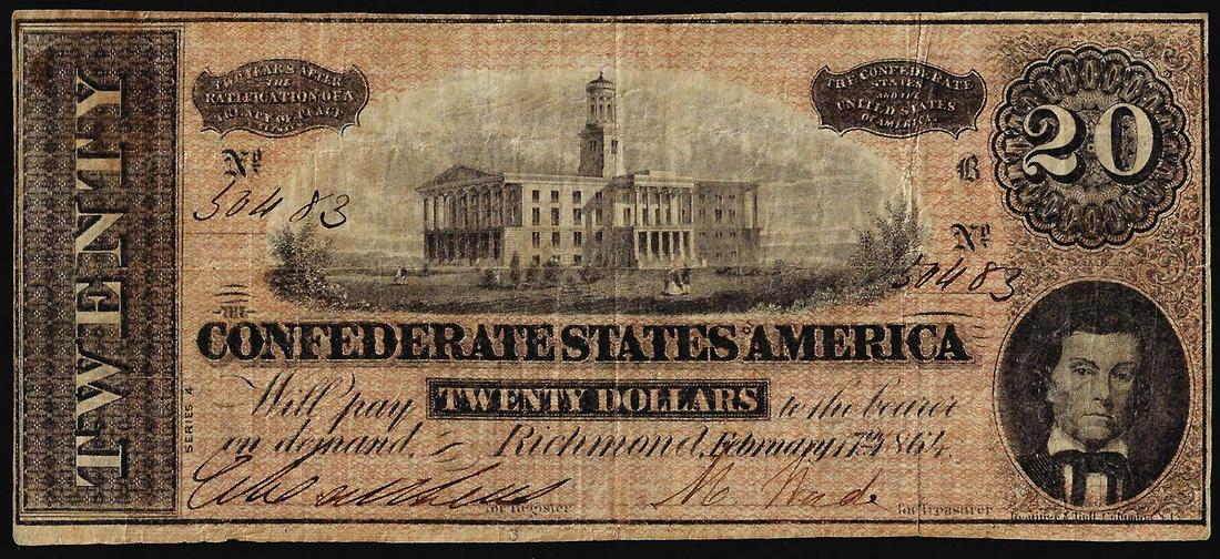 1864 $20 Confederate States of America Note: One 1864 $20 Confederate States of America Note.