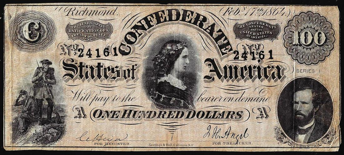 1864 $100 Confederate States of America Note: One 1864 $100 Confederate States of America Note.