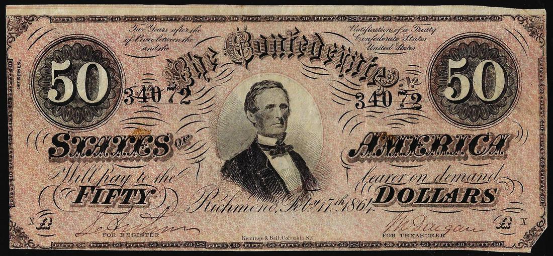 1864 $50 Confederate States of America Note: One 1864 $50 Confederate States of America Note.