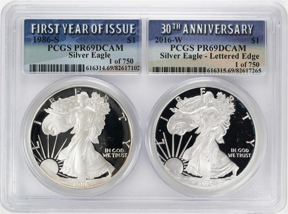 1986-S & 2016-W $1 Proof American Silver Eagle Coin Set: One 1986-S & 2016-W $1 Proof American Silver Eagle Coin Set PCGS PR69DCAM. PCGS Graded.