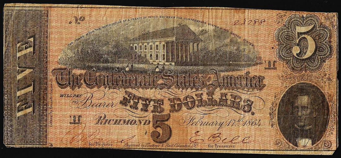 1864 $5 Confederate States of America Note: One 1864 $5 Confederate States of America Note.