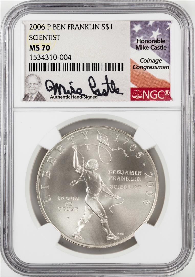 2006-P $1 Ben Franklin Scientist Silver Dollar Coin NGC: One 2006-P $1 Ben Franklin Scientist Silver Dollar Coin NGC MS70 Mike Castle Signature. NGC Certified.