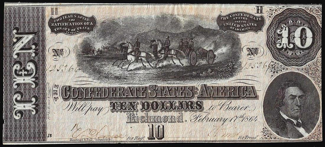 1864 $10 Confederate States of America Note: One 1864 $10 Confederate States of America Note.