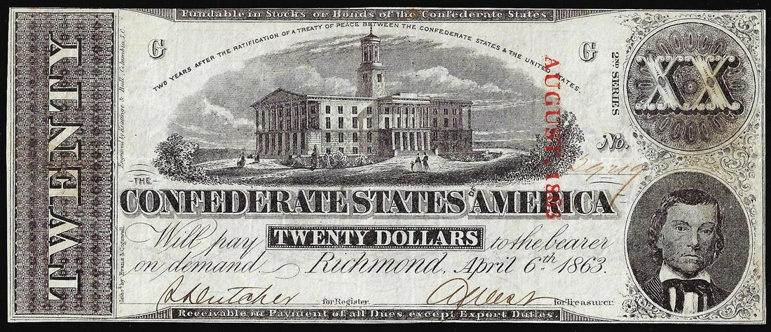 1863 $20 Confederate States of America Note: One 1863 $20 Confederate States of America Note.