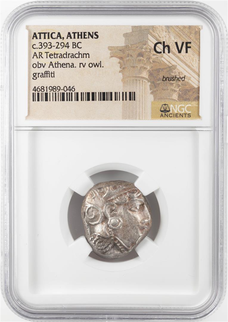 393-294 BC Attica Athens AR Tetradrachm Athena Owl Coin: One 393-294 BC Attica Athens AR Tetradrachm Athena Owl Coin NGC CH VF. NGC Certified.