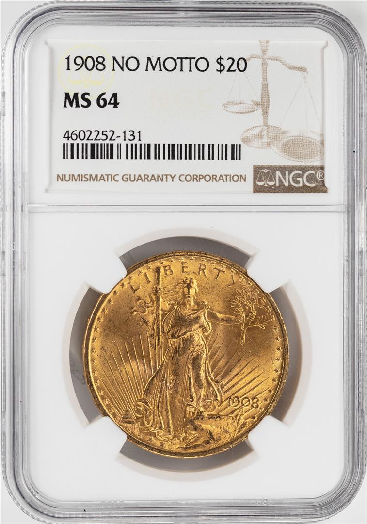 1908 No Motto $20 St. Gaudens Double Eagle Gold Coin: One 1908 No Motto $20 St. Gaudens Double Eagle Gold Coin NGC MS64. NGC Certified.
