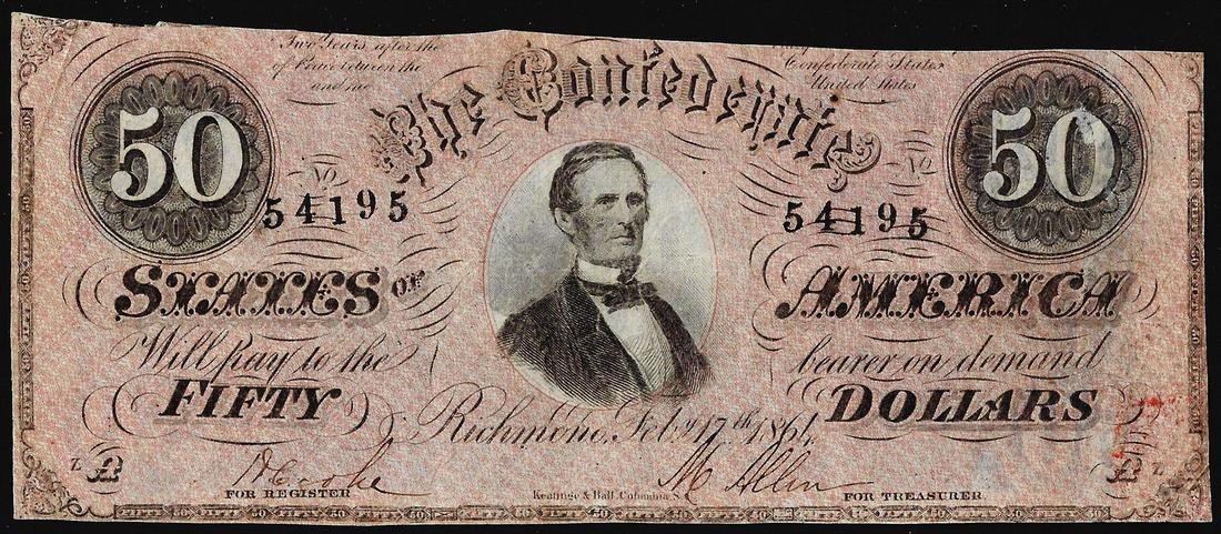 1864 $50 Confederate States of America Note: One 1864 $50 Confederate States of America Note.