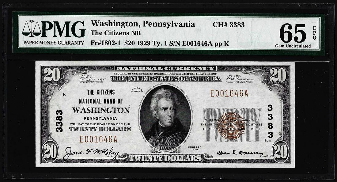 1929 $20 Citizens NB Washington, PA CH# 3383 National: One 1929 $20 Citizens NB Washington, PA CH# 3383 National Note PMG Choice Gem Unc 65EPQ. PMG Certified.