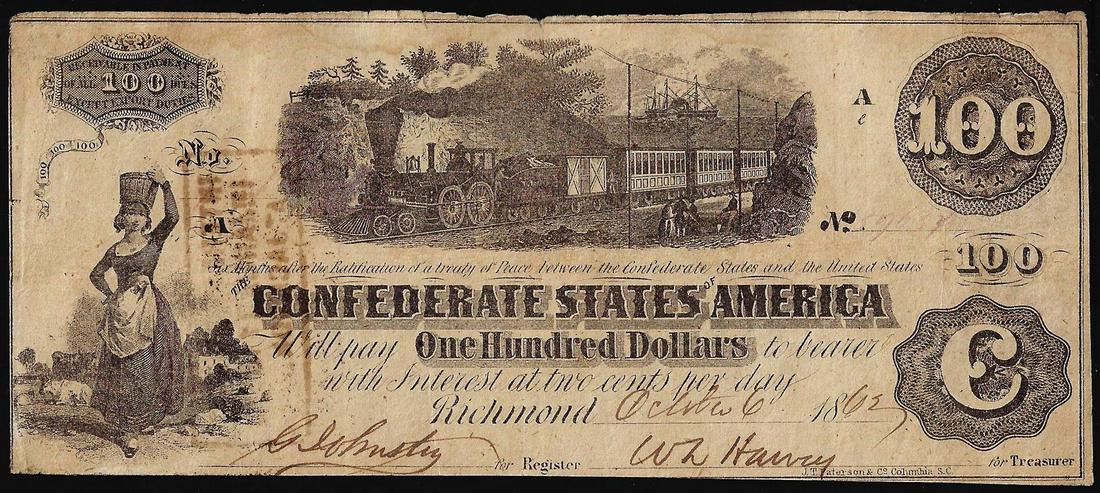 1862 $100 Confederate States of America Note: One 1862 $100 Confederate States of America Note.