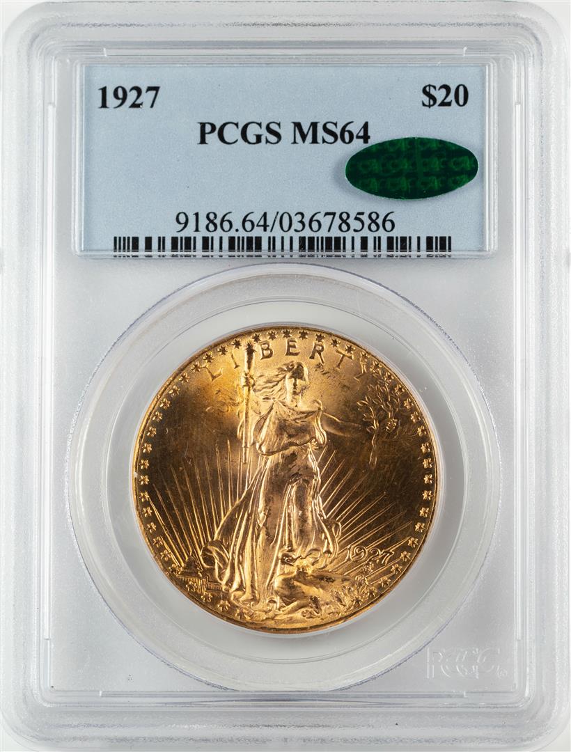 1927 $20 St. Gaudens Double Eagle Gold Coin PCGS MS64: One 1927 $20 St. Gaudens Double Eagle Gold Coin PCGS MS64 CAC. PCGS Graded.