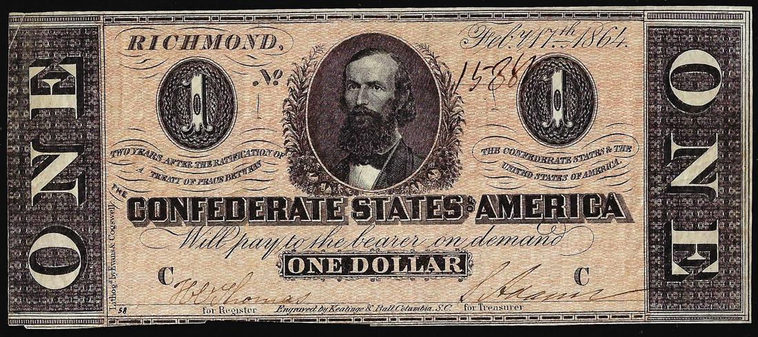 1864 $1 Confederate States of America Note: One 1864 $1 Confederate States of America Note.