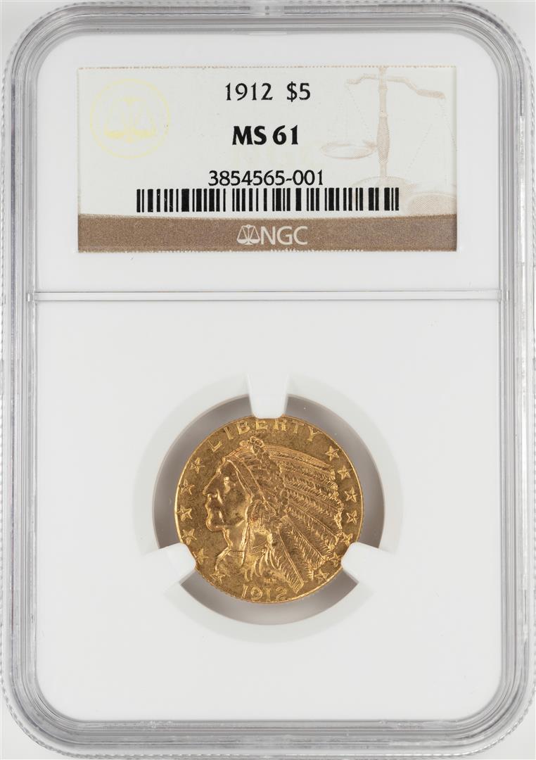 1912 $5 Indian Head Half Eagle Gold Coin NGC MS61: One 1912 $5 Indian Head Half Eagle Gold Coin NGC MS61. NGC Certified.