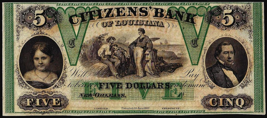 1800's $5 Citizens Bank Louisiana New Orleans, LA: One 1800's $5 Citizens Bank Louisiana New Orleans, LA Obsolete Banknote.