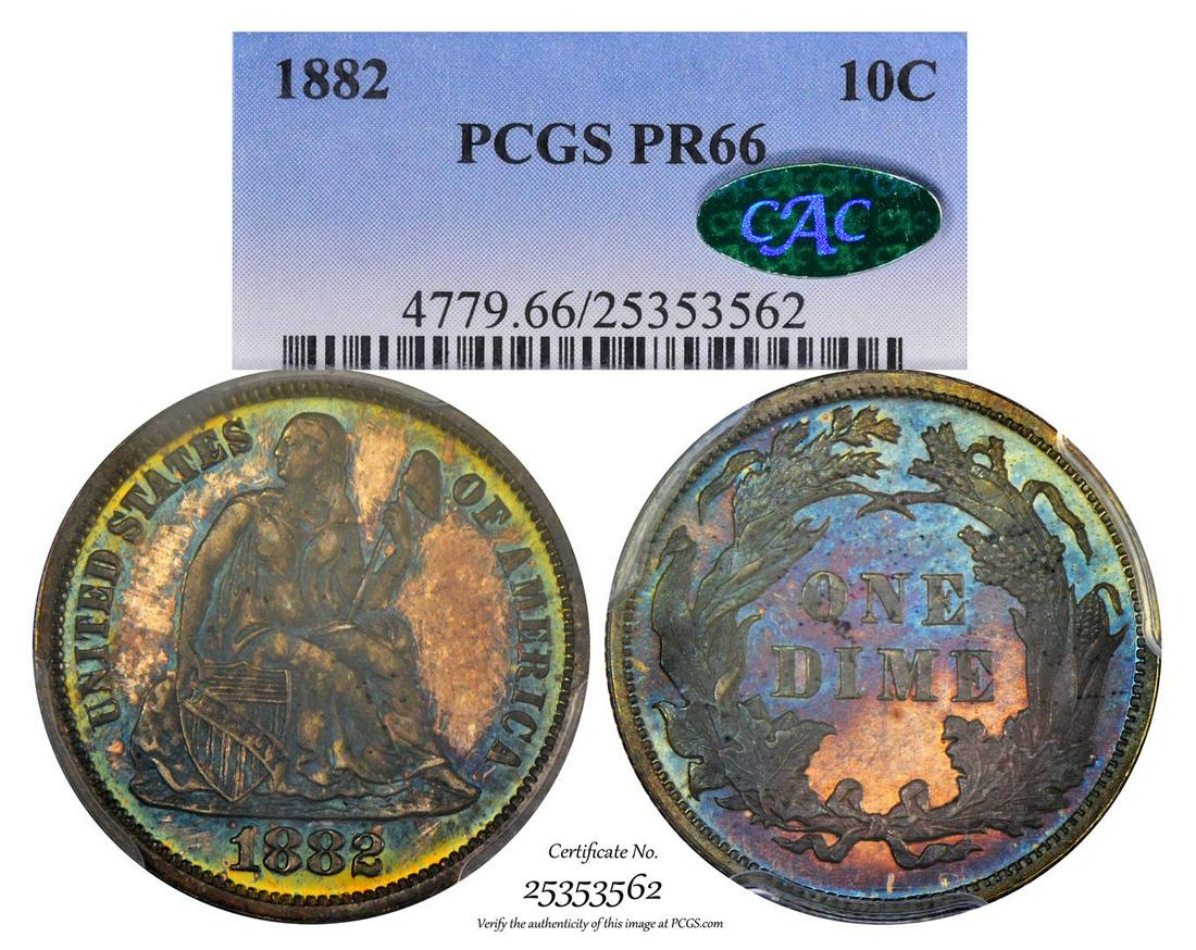 1882 Proof Seated Liberty Dime Coin Arrows PCGS PR66: One 1882 Proof Seated Liberty Dime Coin Arrows PCGS PR66 CAC Amazing Toning. PCGS Graded.