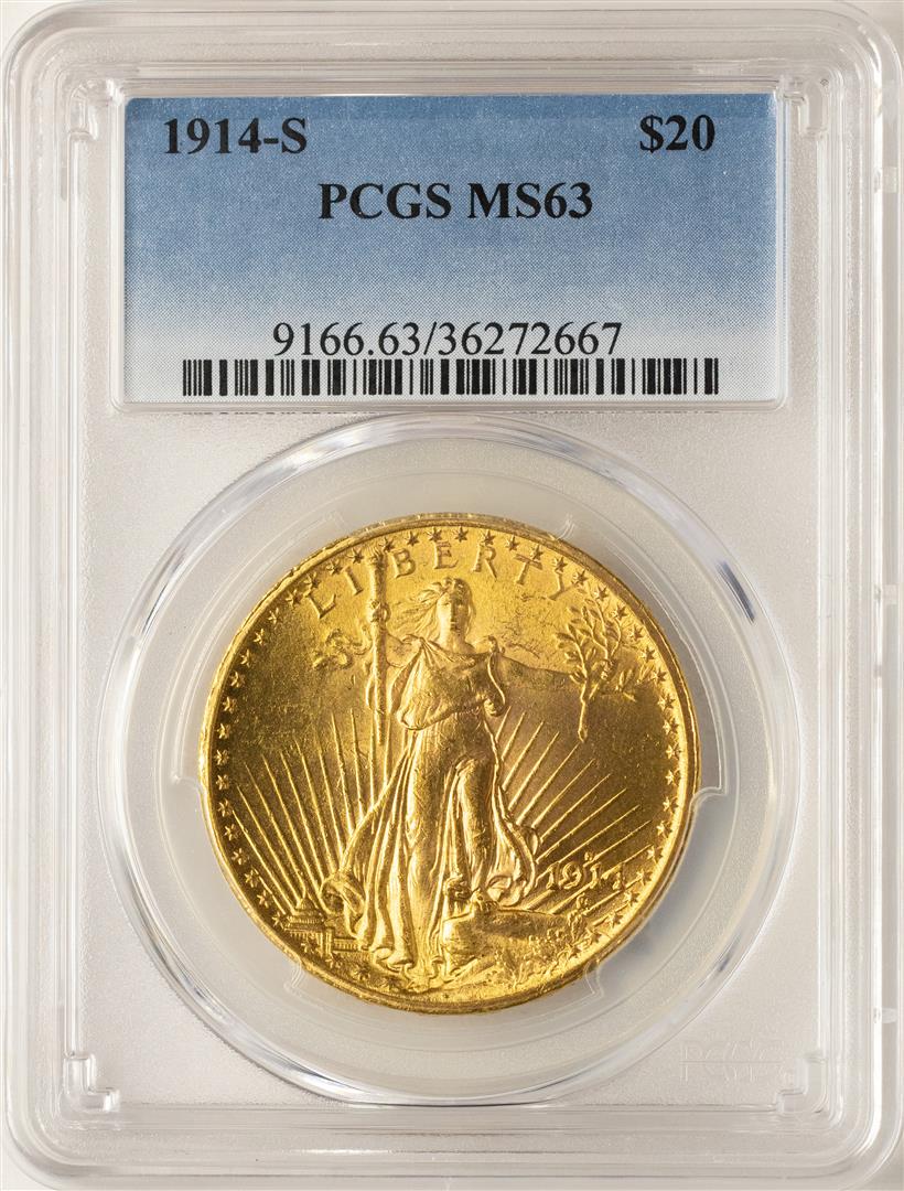1914-S $20 St. Gaudens Double Eagle Gold Coin PCGS MS63: One 1914-S $20 St. Gaudens Double Eagle Gold Coin PCGS MS63. PCGS Graded.
