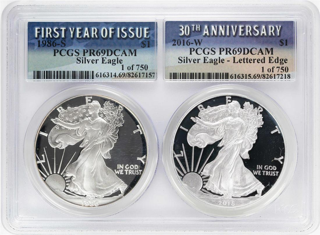 1986-S & 2016-W $1 Proof American Silver Eagle Coin Set: One 1986-S & 2016-W $1 Proof American Silver Eagle Coin Set PCGS PR69DCAM. PCGS Graded.