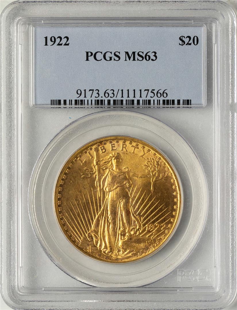 1922 $20 St. Gaudens Double Eagle Gold Coin PCGS MS63: One 1922 $20 St. Gaudens Double Eagle Gold Coin PCGS MS63. PCGS Graded.