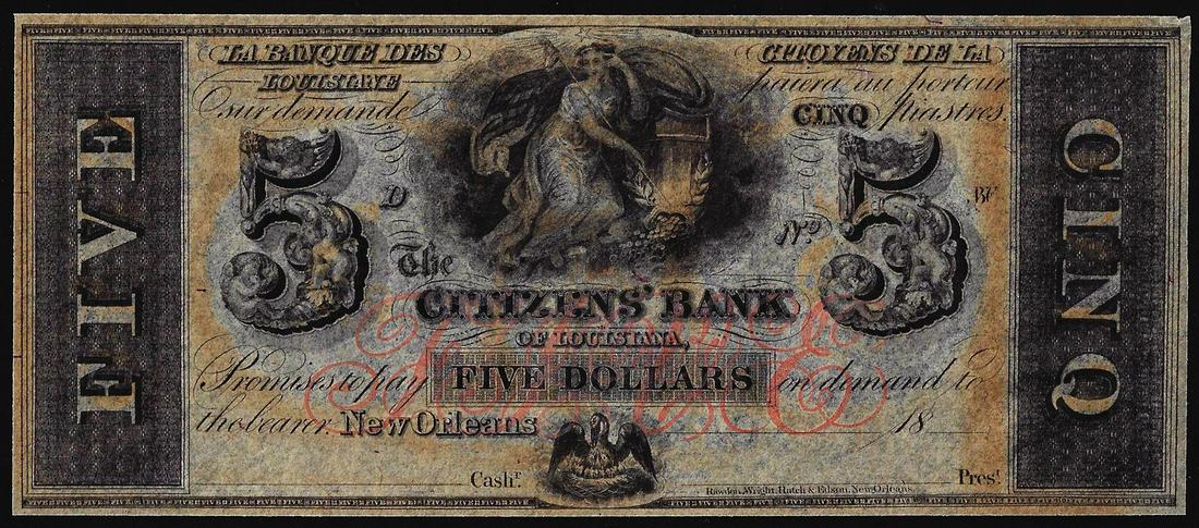 1800's $5 Citizens Bank Louisiana New Orleans, LA: One 1800's $5 Citizens Bank Louisiana New Orleans, LA Obsolete Banknote.