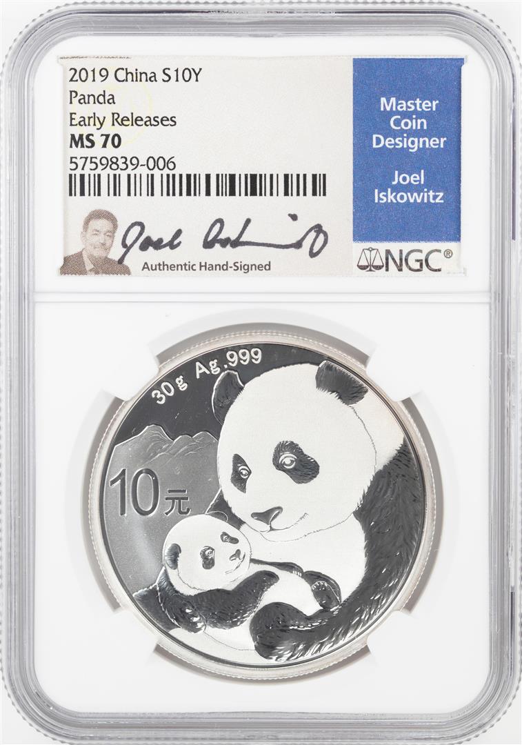 2019 China 10 Yuan Panda Silver Coin NGC MS70 Early: One 2019 China 10 Yuan Panda Silver Coin NGC MS70 Early Releases Joel Iskowitz Signature. NGC Certified.