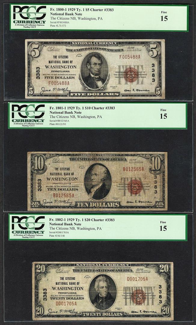 1929 $5/10/20 Citizens NB Washington, PA CH# 3383: One 1929 $5/10/20 Citizens NB Washington, PA CH# 3383 National Currency Notes PCGS F15. PCGS Graded.