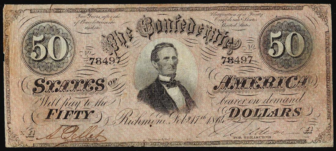 1864 $50 Confederate States of America Note: One 1864 $50 Confederate States of America Note.