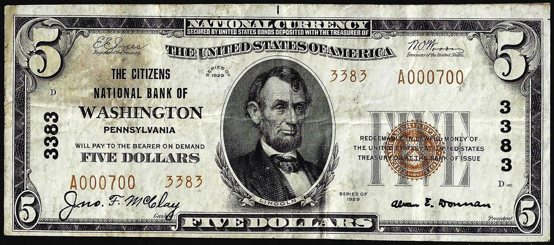 1929 $5 Citizens NB of Washington, Pennsylvania CH#: One 1929 $5 Citizens NB of Washington, Pennsylvania CH# 3383 National Currency Note.