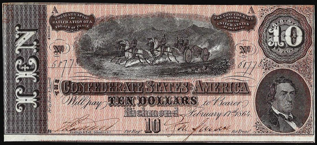 1864 $10 Confederate States of America Note: One 1864 $10 Confederate States of America Note.