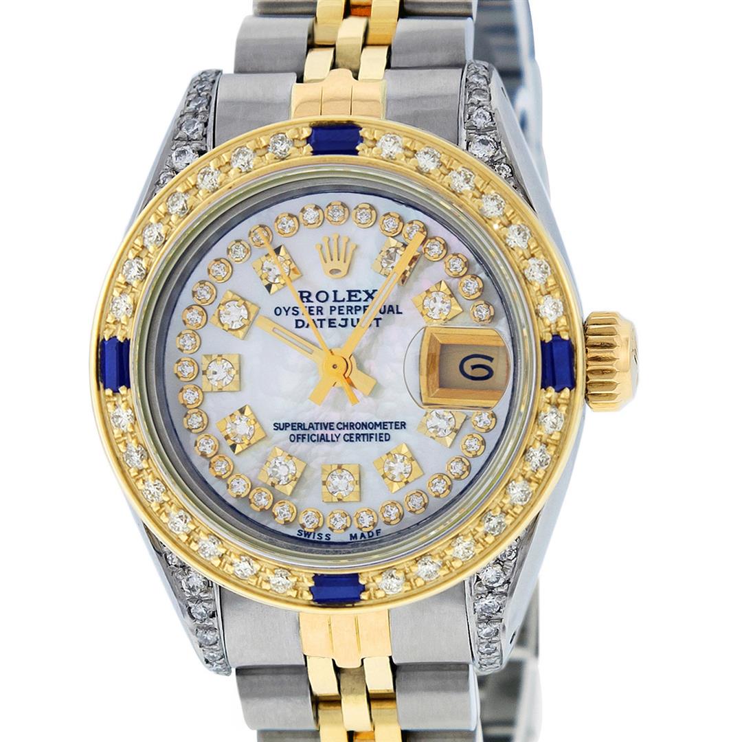 Rolex Ladies Two Tone 14K MOP String Diamond Lugs &: One Ladies 14K Two Tone Rolex Datejust Polished, Serviced & Electronically Tested, 14K Yellow Gold & Stainless Steel Case: 26mm, 14K Yellow Gold Crown, Diamond Lugs: 24 Diamonds On Lugs, Clarity: SI-V