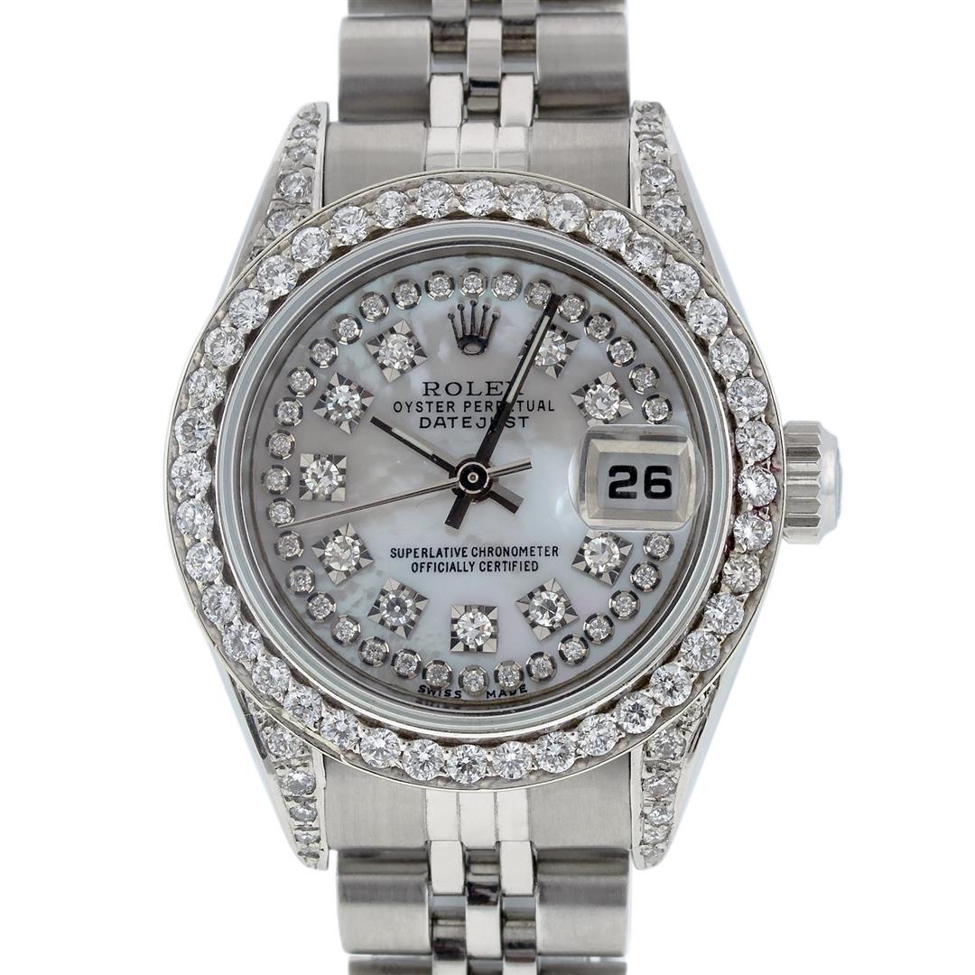 Rolex Ladies Stainless Steel Quickset MOP Diamond: One Quickset Ladies Stainless Steel Rolex Datejust Polished Bright with Satin Finish, Serviced & Electronically Tested, Stainless Steel Case: 26mm, Stainless Steel Crown, Custom Diamond Lugs: 24 Diamo