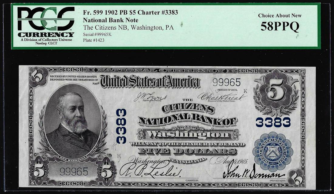 1902PB $5 Citizens NB of Washington, PA CH# 3383: One 1902PB $5 Citizens NB of Washington, PA CH# 3383 National Currency Note PCGS AU58PPQ. PCGS Graded.