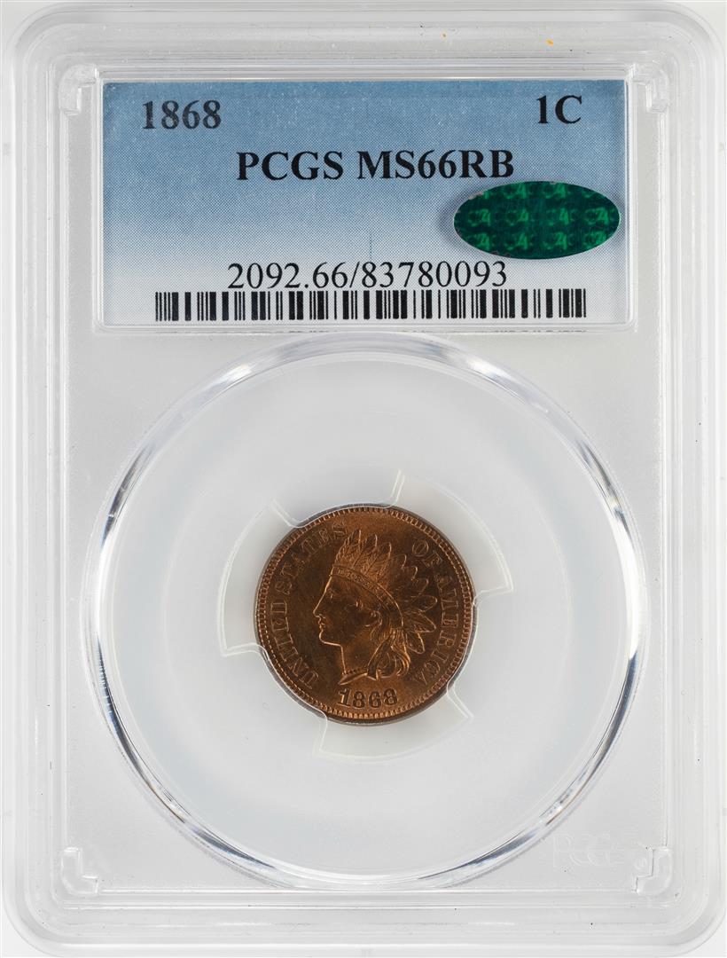 1868 Indian Head Cent Coin PCGS MS66RB CAC: One 1868 Indian Head Cent Coin PCGS MS66RB CAC. PCGS Graded.