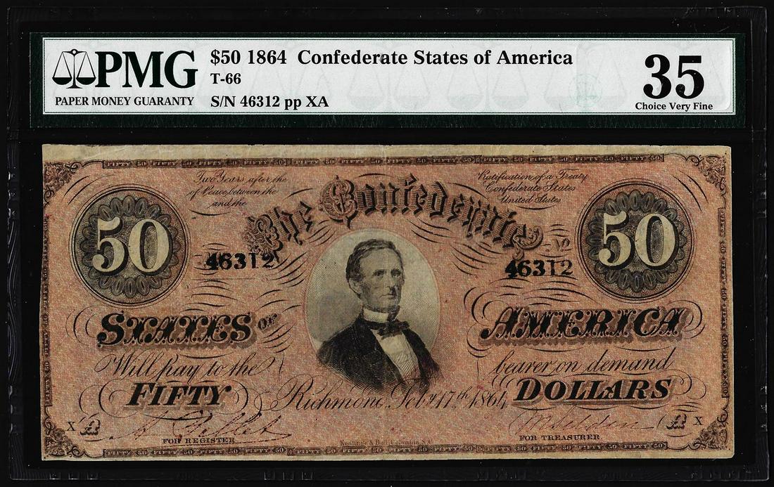 1864 $50 Confederate States of America Note T-66 PMG: One 1864 $50 Confederate States of America Note T-66 PMG Choice Very Fine 35. PMG Certified.