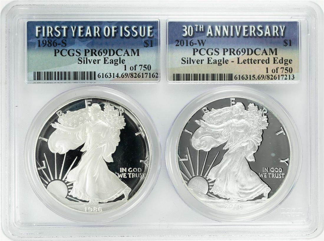 1986-S & 2016-W $1 Proof American Silver Eagle Coin Set: One 1986-S & 2016-W $1 Proof American Silver Eagle Coin Set PCGS PR69DCAM. PCGS Graded.