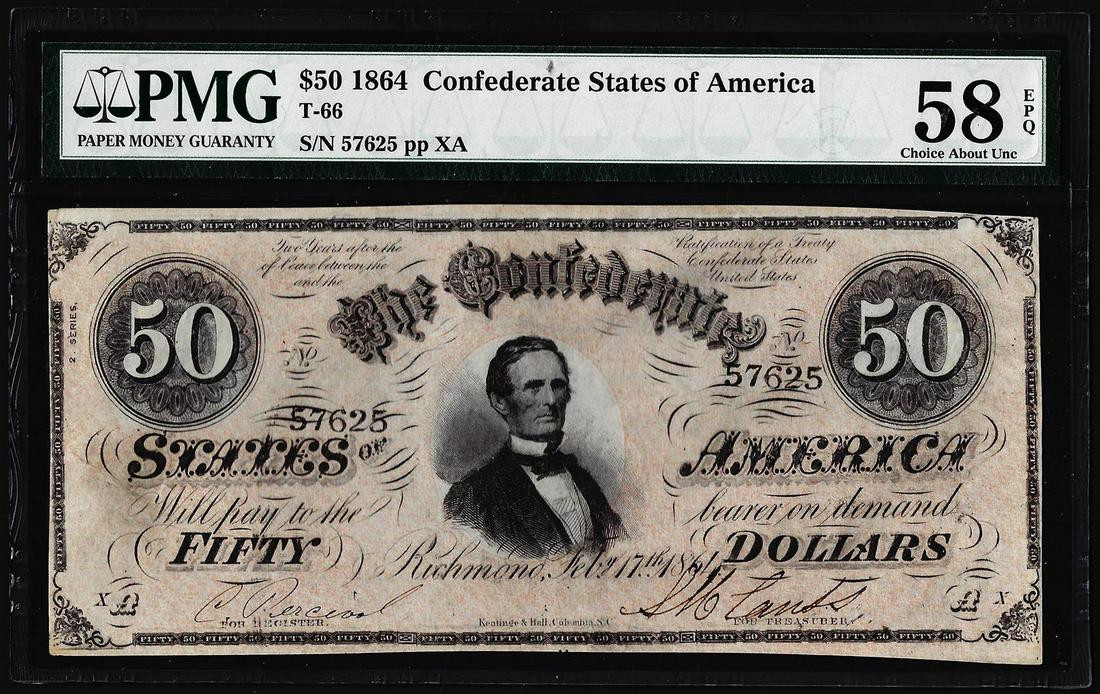 1864 $50 Confederate States of America Note T-66 PMG: One 1864 $50 Confederate States of America Note T-66 PMG About Uncirculated 58EPQ. PMG Certified.
