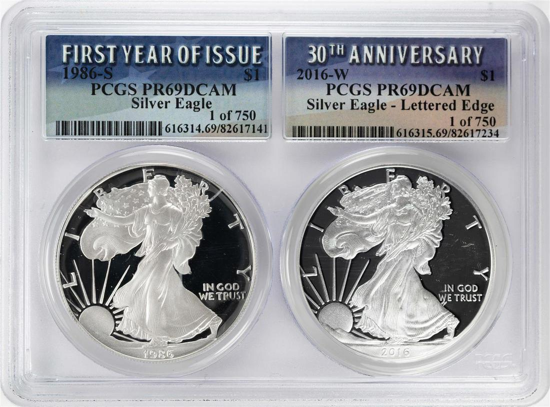 1986-S & 2016-W $1 Proof American Silver Eagle Coin Set: One 1986-S & 2016-W $1 Proof American Silver Eagle Coin Set PCGS PR69DCAM. PCGS Graded.