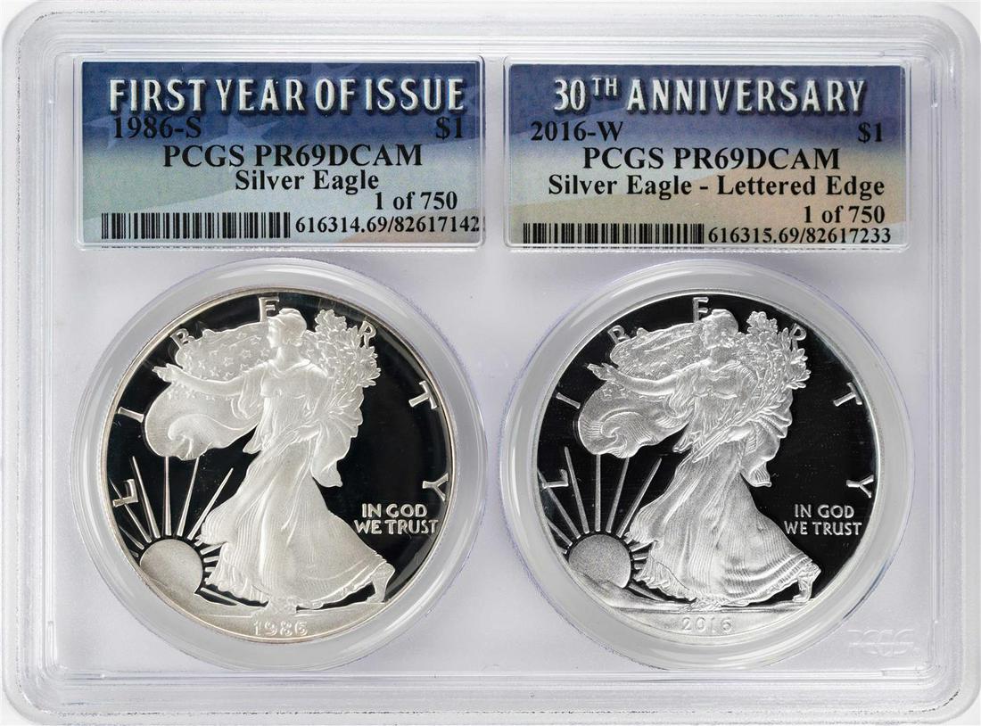 1986-S & 2016-W $1 Proof American Silver Eagle Coin Set: One 1986-S & 2016-W $1 Proof American Silver Eagle Coin Set PCGS PR69DCAM. PCGS Graded.