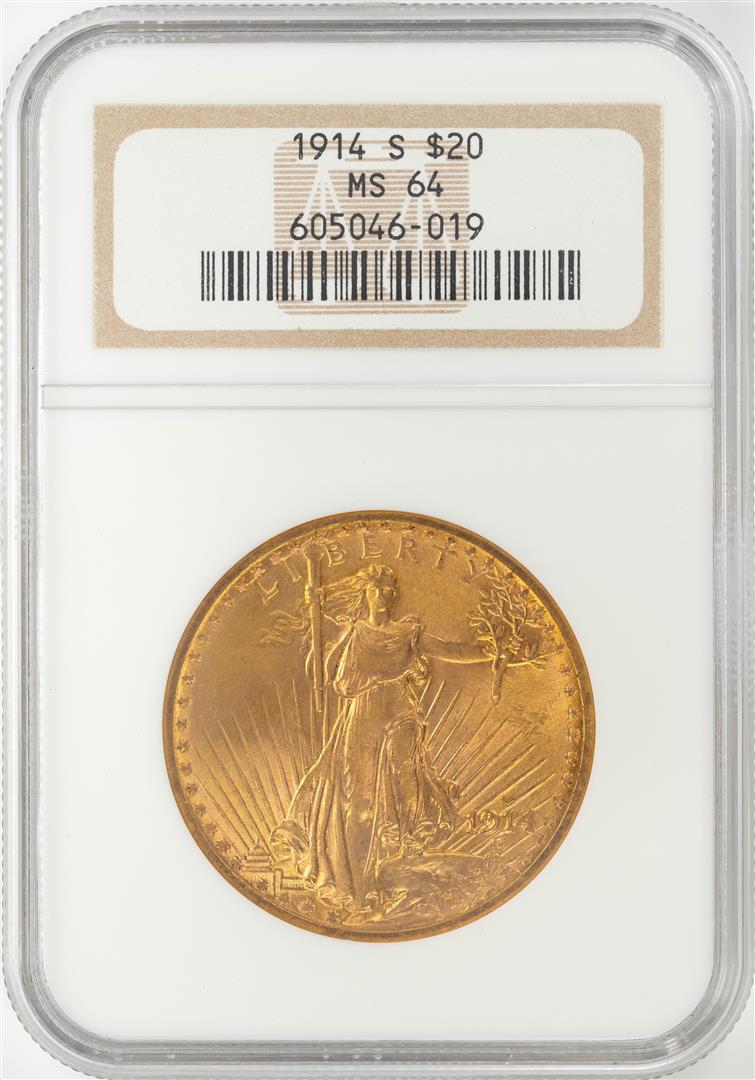 1914-S $20 St. Gaudens Double Eagle Gold Coin NGC MS64: One 1914-S $20 St. Gaudens Double Eagle Gold Coin NGC MS64. NGC Certified.