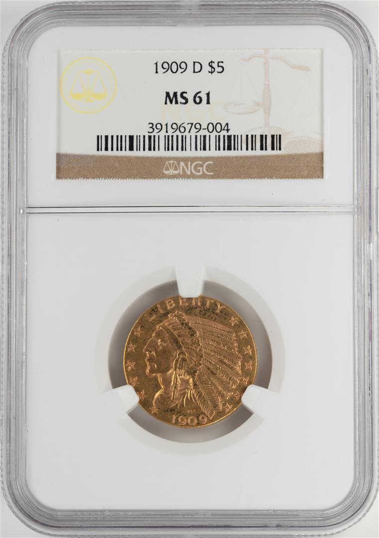1909-D $5 Indian Head Half Eagle Gold Coin NGC MS61: One 1909-D $5 Indian Head Half Eagle Gold Coin NGC MS61. NGC Certified.
