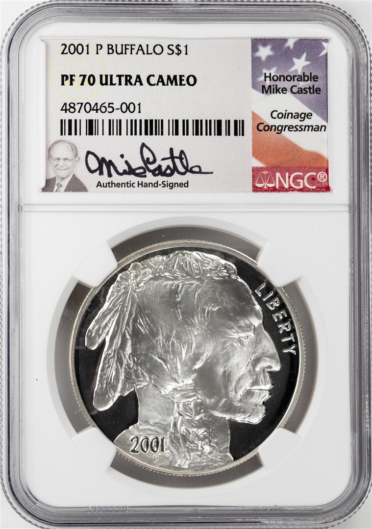2001-P $1 Proof American Buffalo Commemorative Silver: One 2001-P $1 Proof American Buffalo Commemorative Silver Dollar Coin NGC PF70 Mike Castle. NGC Certified.